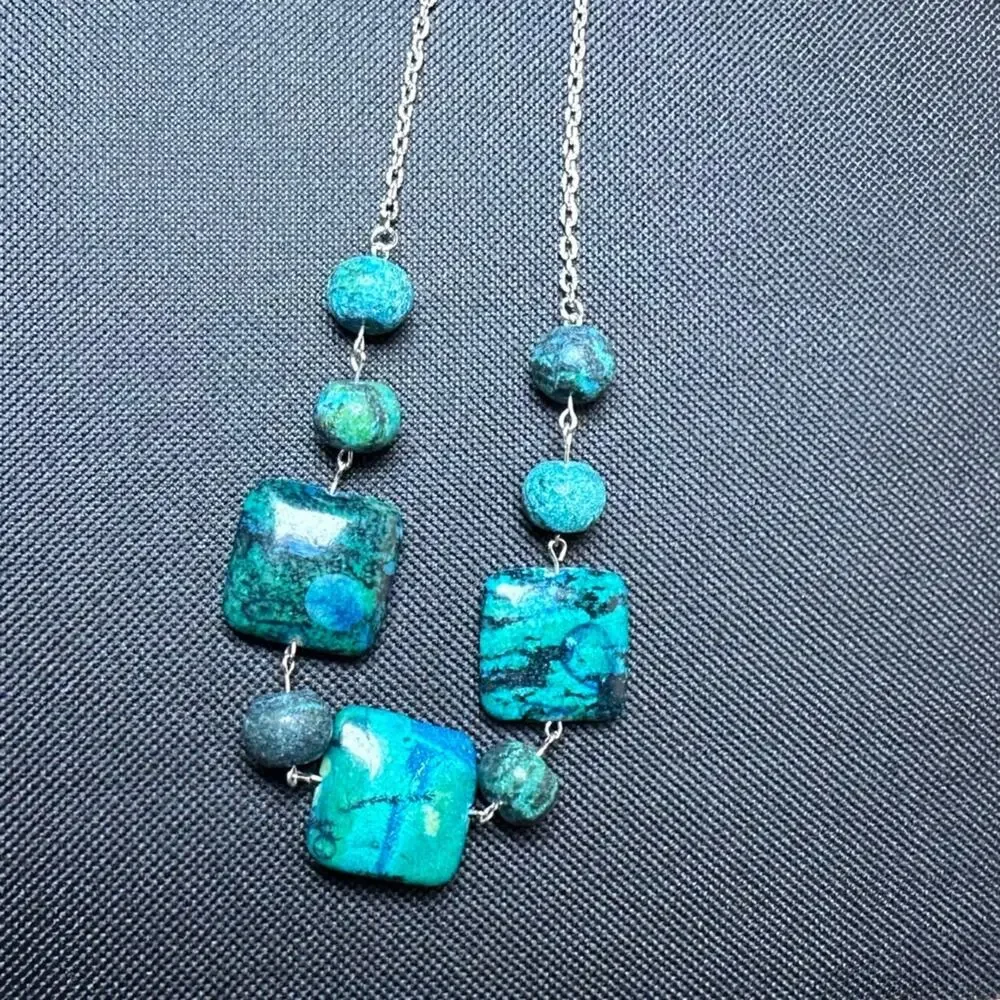 Chrysocolla necklace square and round beats handmade one of a kind gemstone